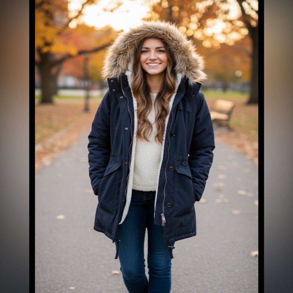 Hollister Navy Parka Coat with Fur Hood and inside coat sz small